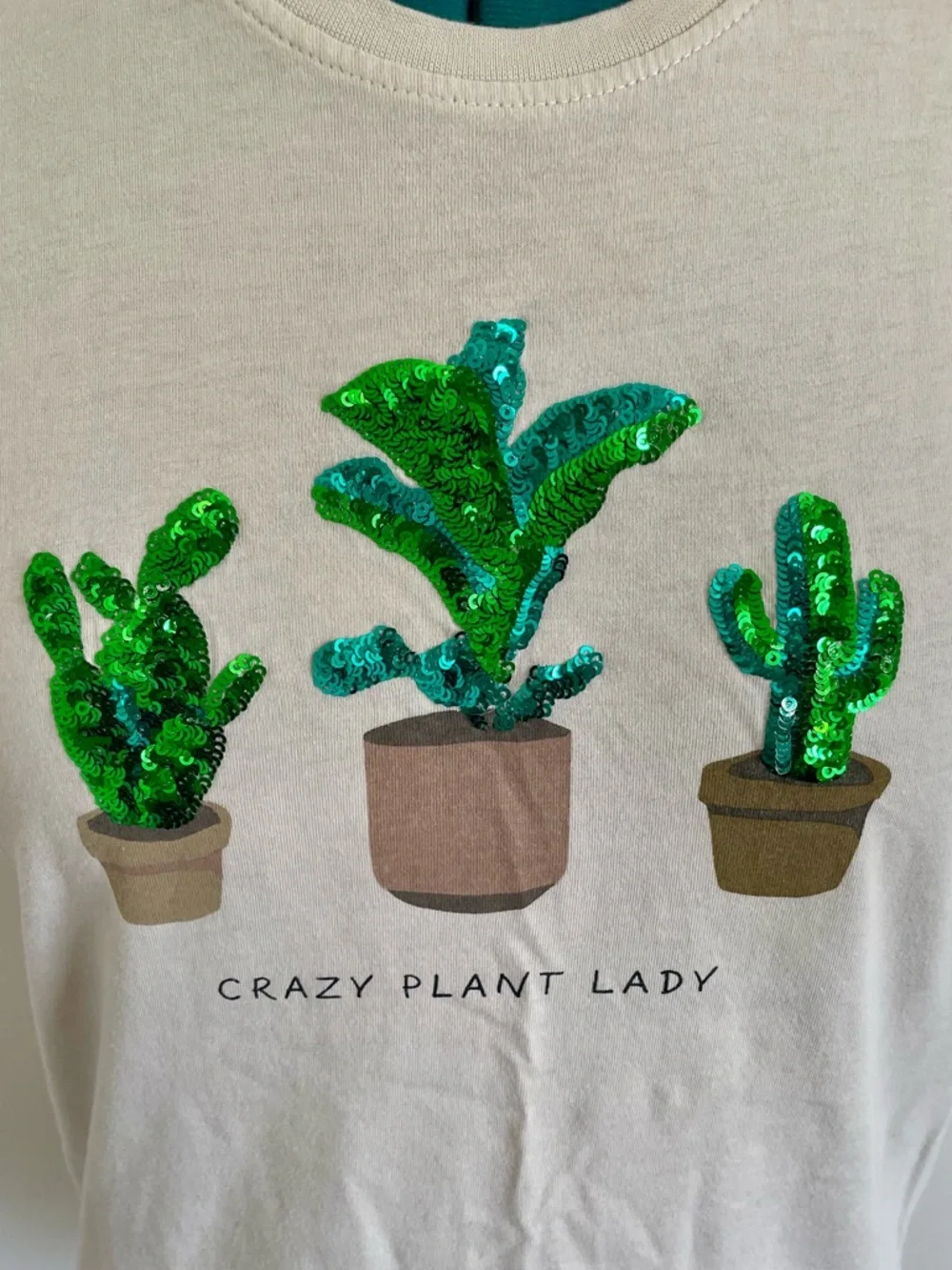 3/$20 Crazy Plant Lady Sequin Embroidered T-Shirt - Picture 2 of 7